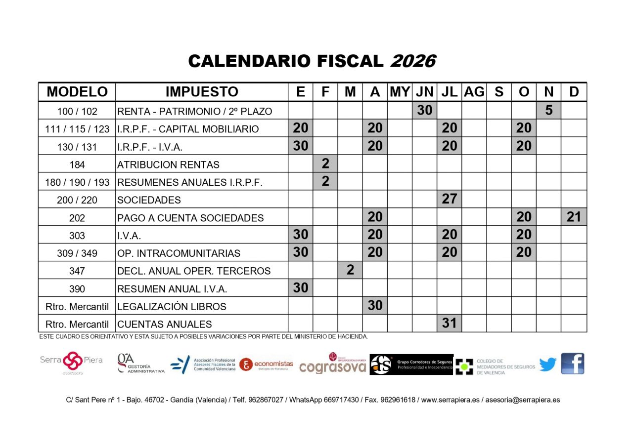 Calendario Fiscal 2026 Serra Piera Asesoria Gandia